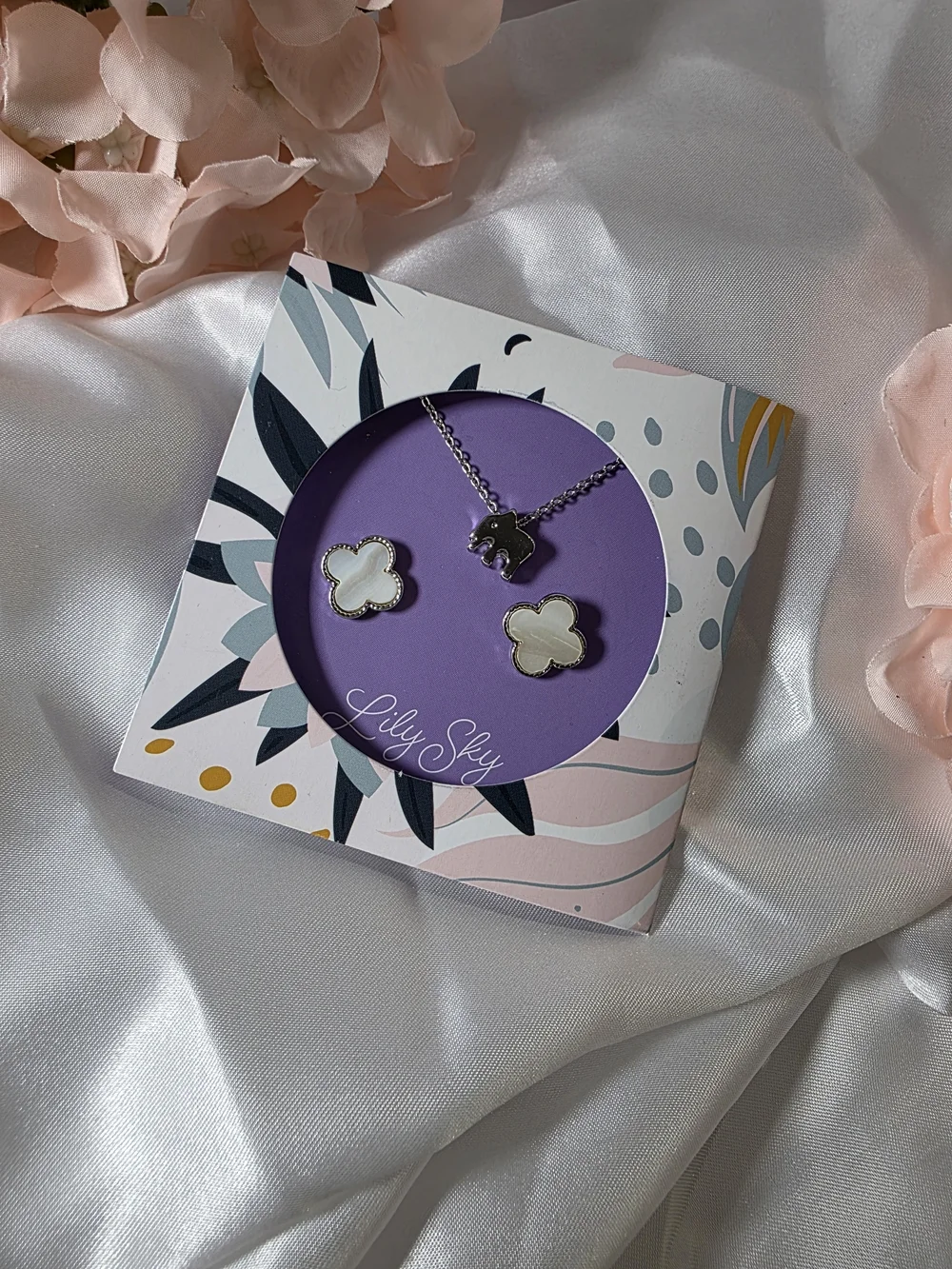 Lily Sky - Silver Elephant Necklace & White Clover Stud Earring Set